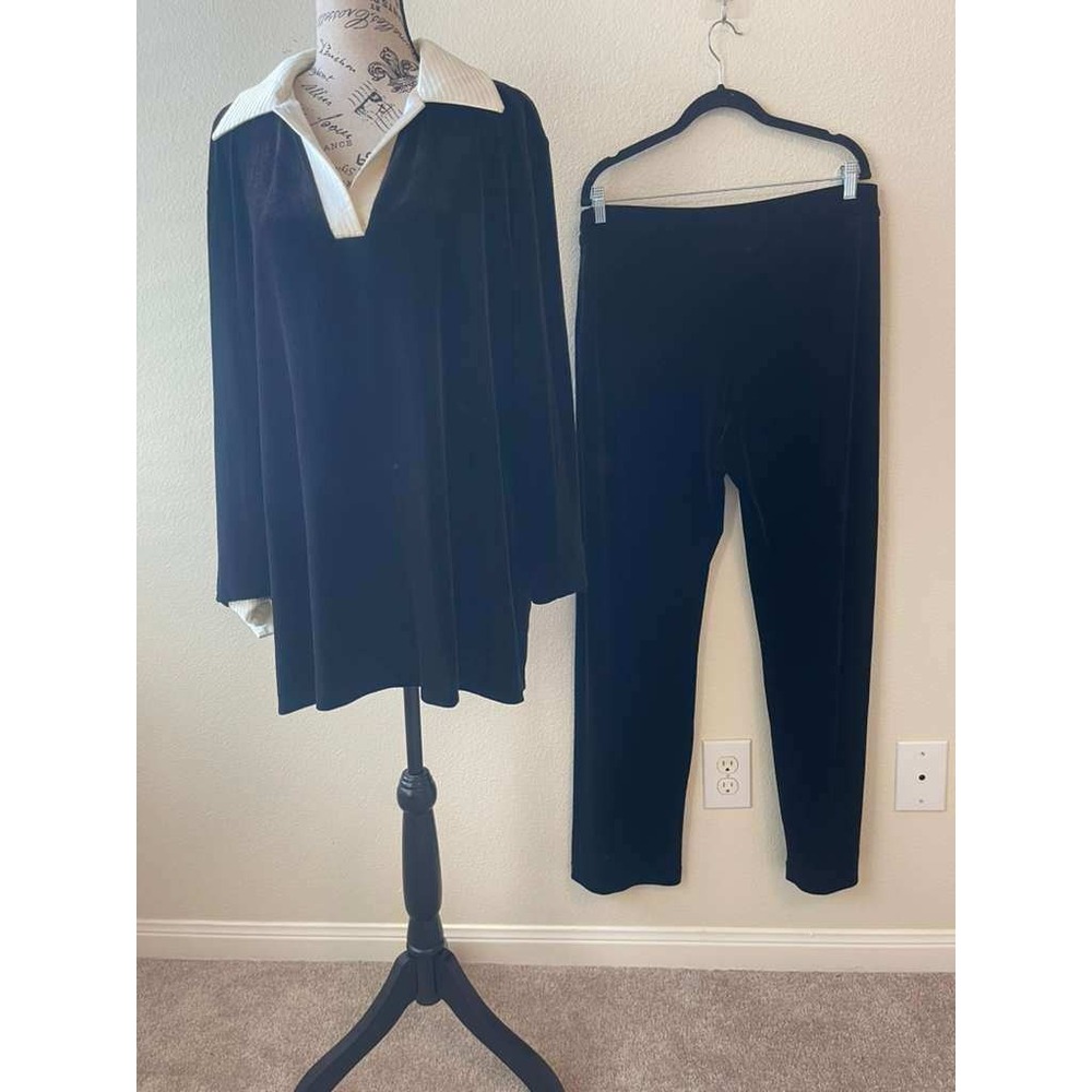 Neiman Marcus Exclusive Black Velvet 2 Piece Tunic Pant Set Women Large Lounge